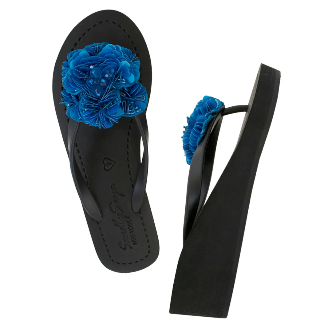 Noho Blue Flower - Sequence Embroidered Mid Wedge Flip Flops