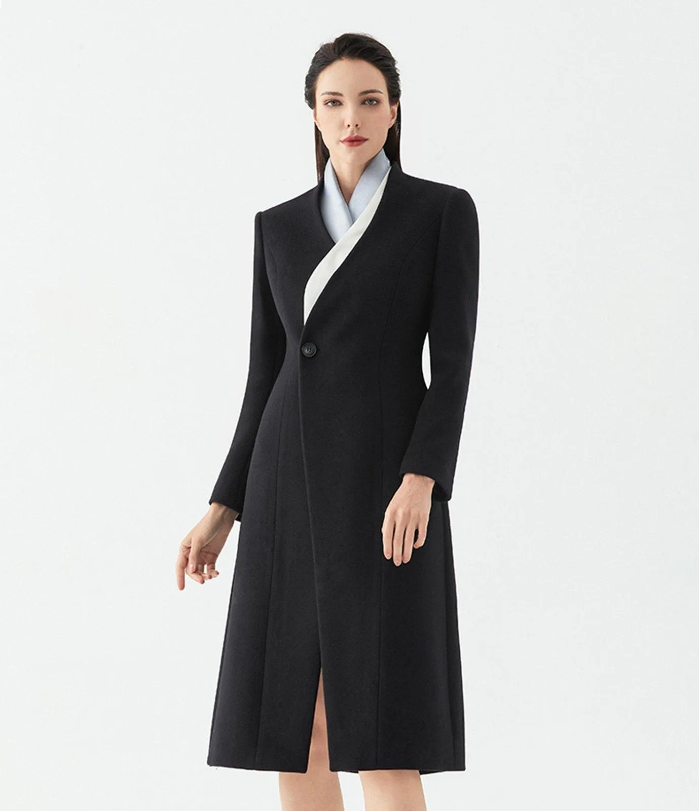 One Button Collarless Wool Blend Coat