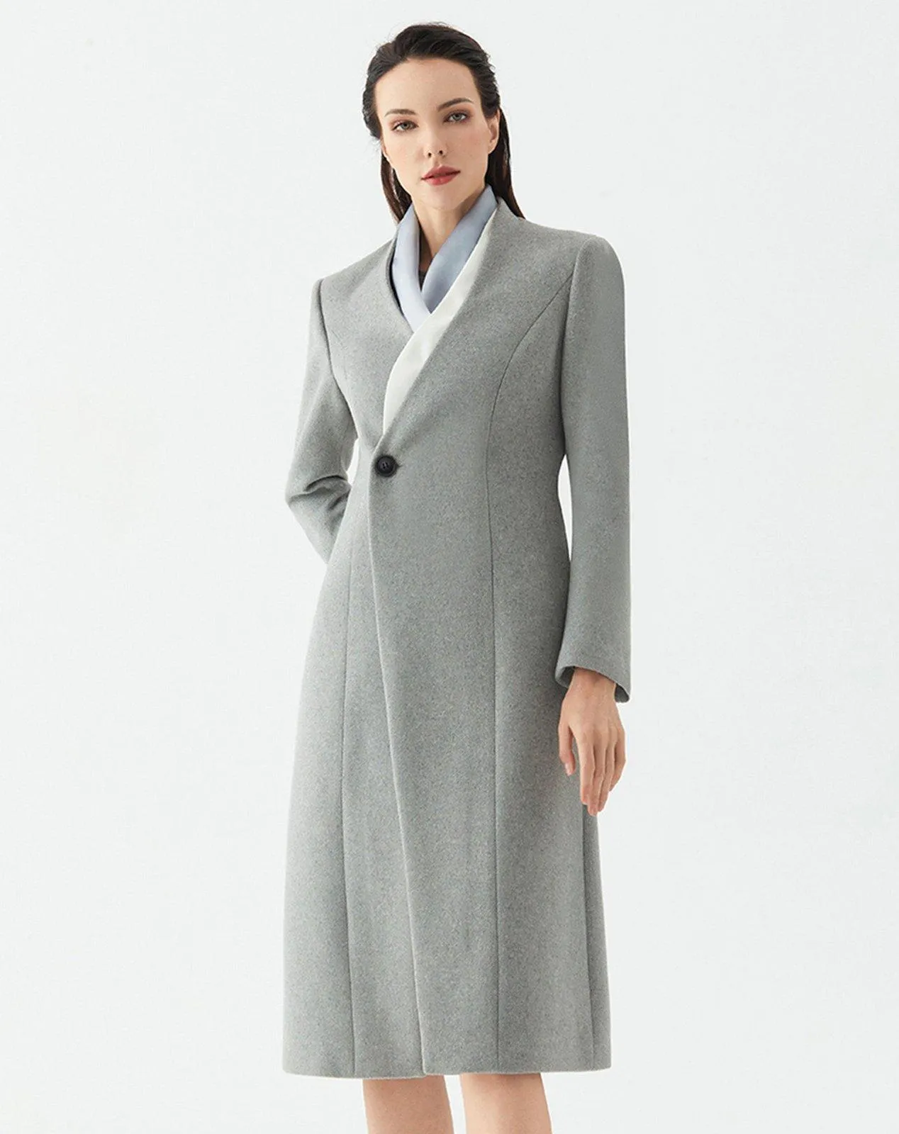 One Button Collarless Wool Blend Coat