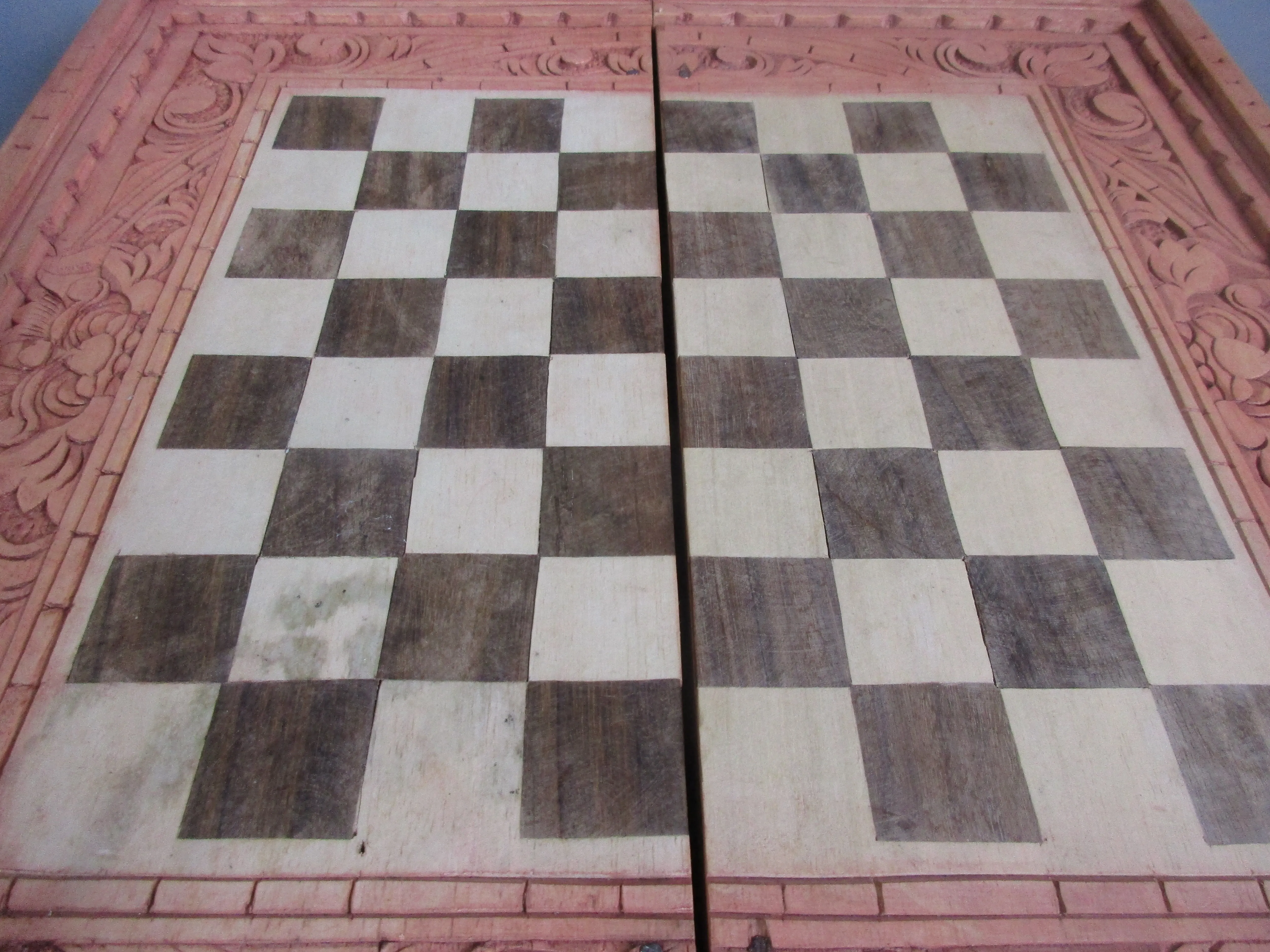 Ornate Carved Wooden Backgammon and Chess Game Case