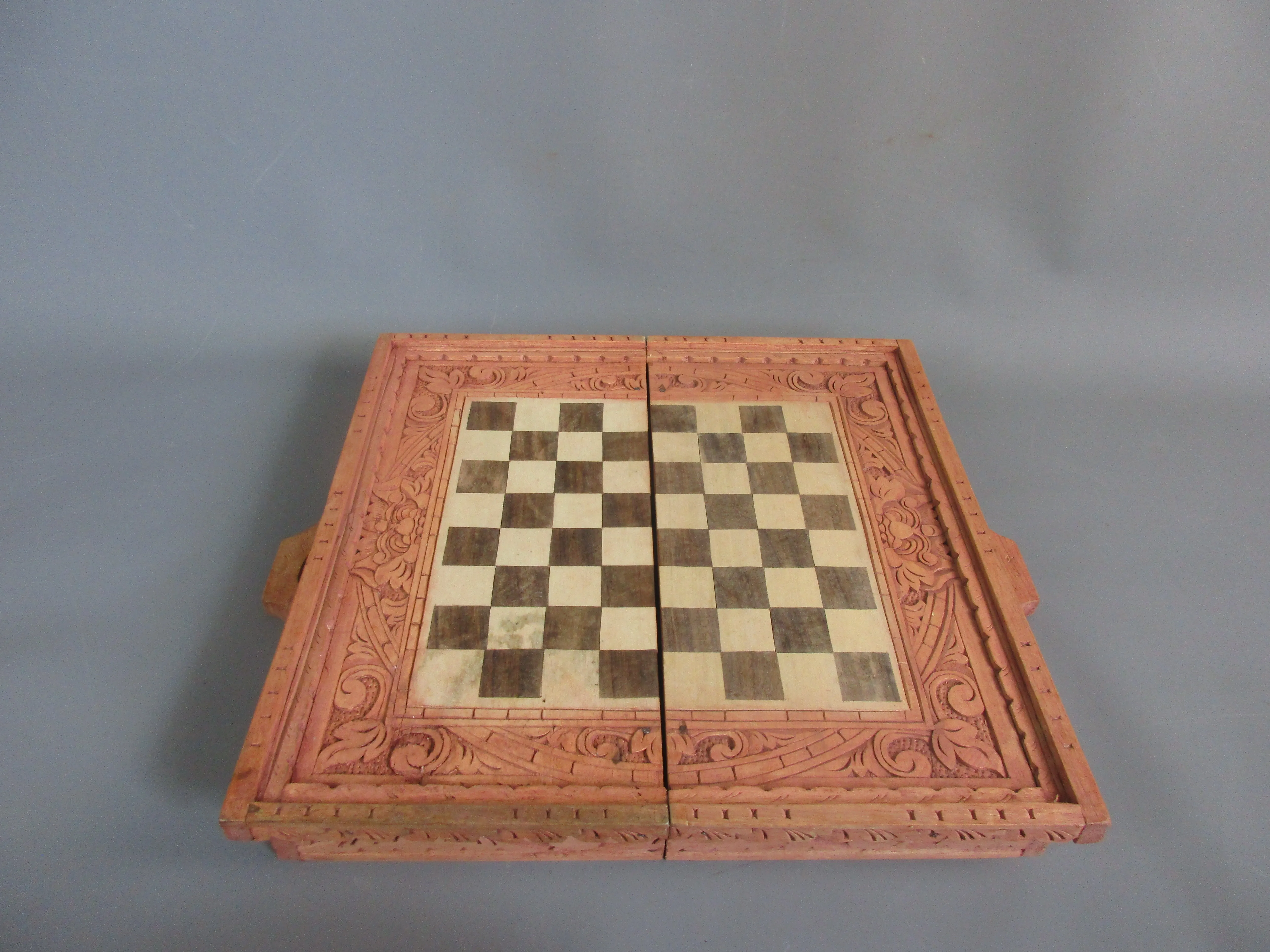 Ornate Carved Wooden Backgammon and Chess Game Case