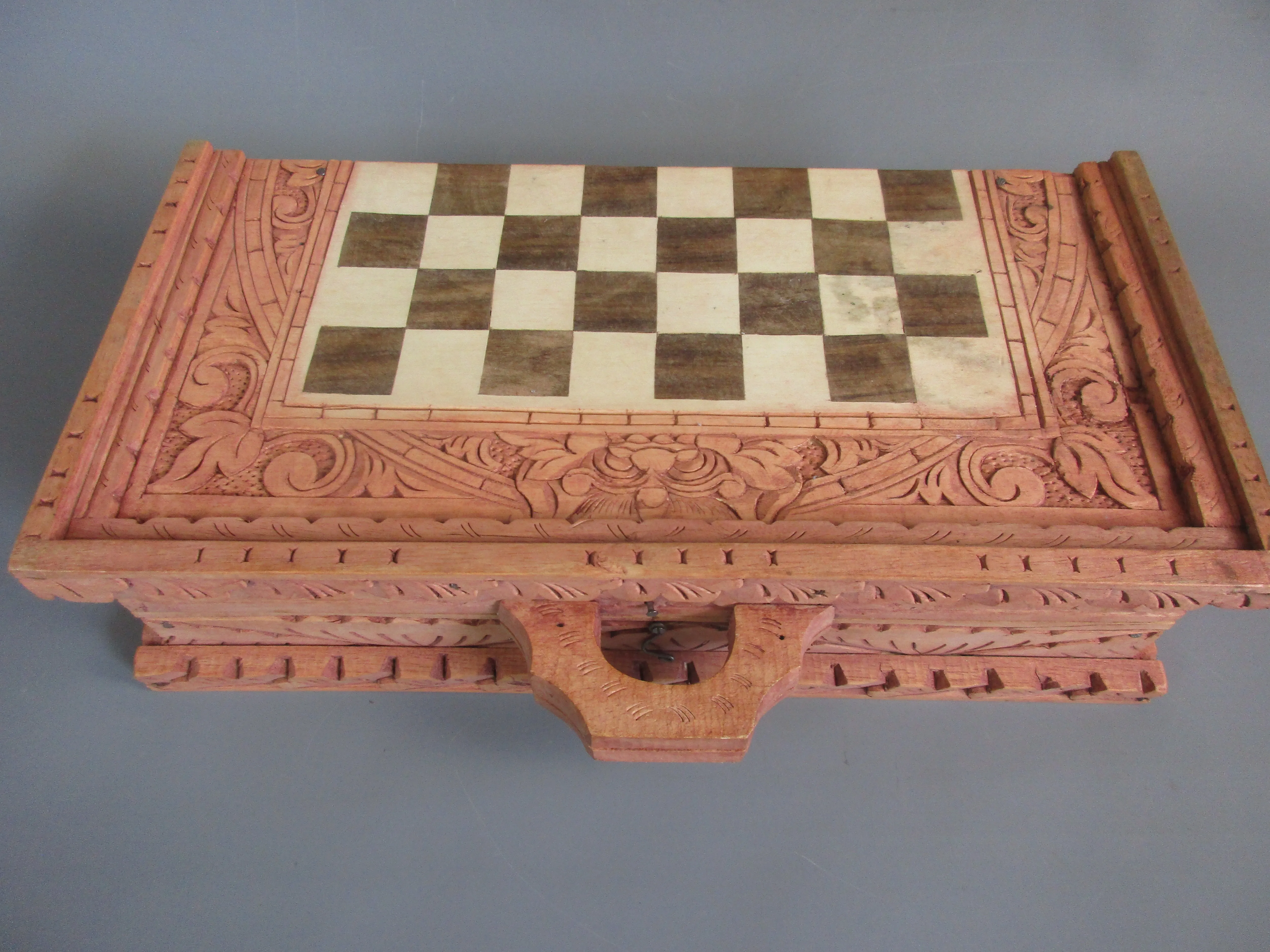 Ornate Carved Wooden Backgammon and Chess Game Case