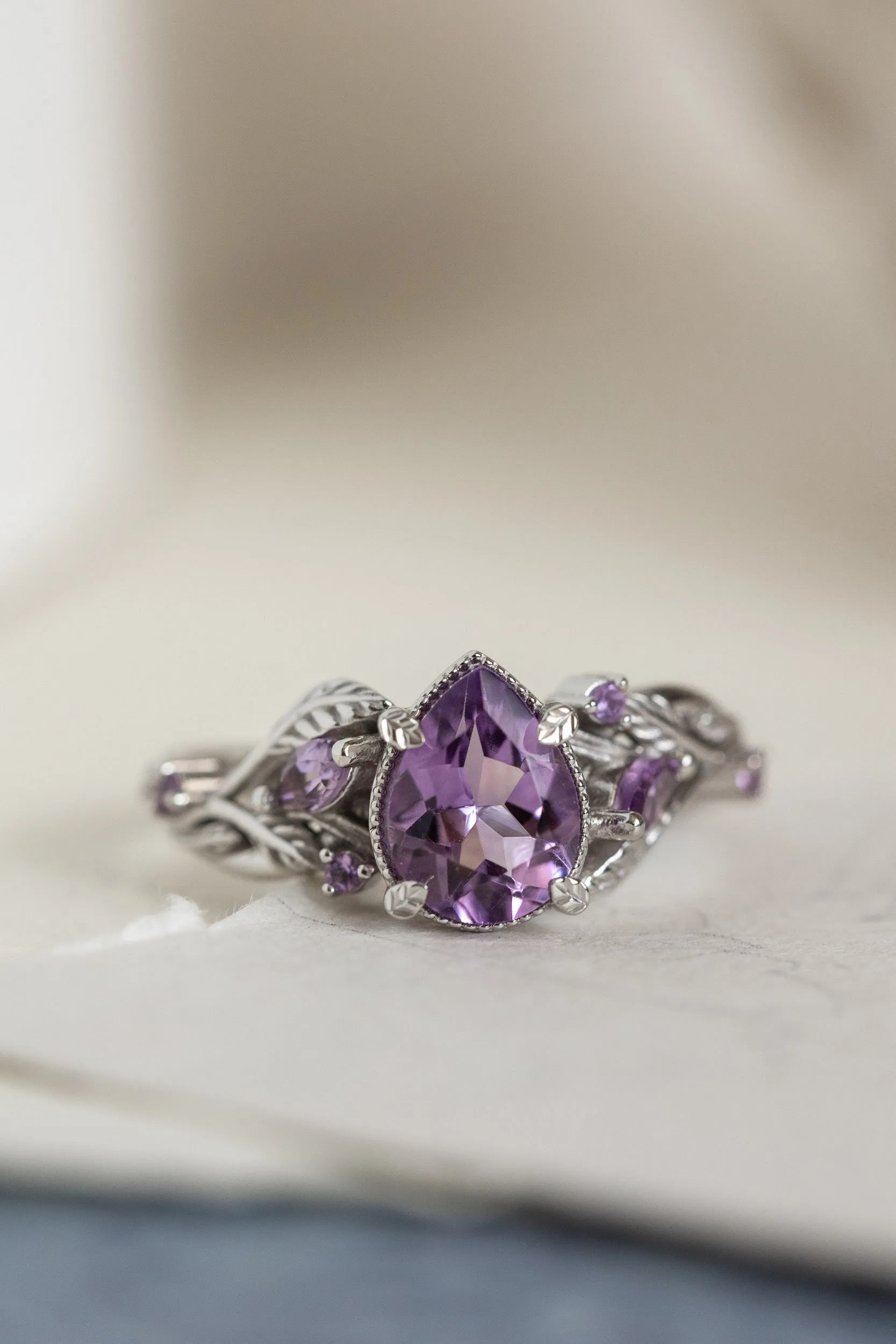 Patricia ring in 14K white gold, natural amethyst pear cut 8x6 mm, accent amethysts