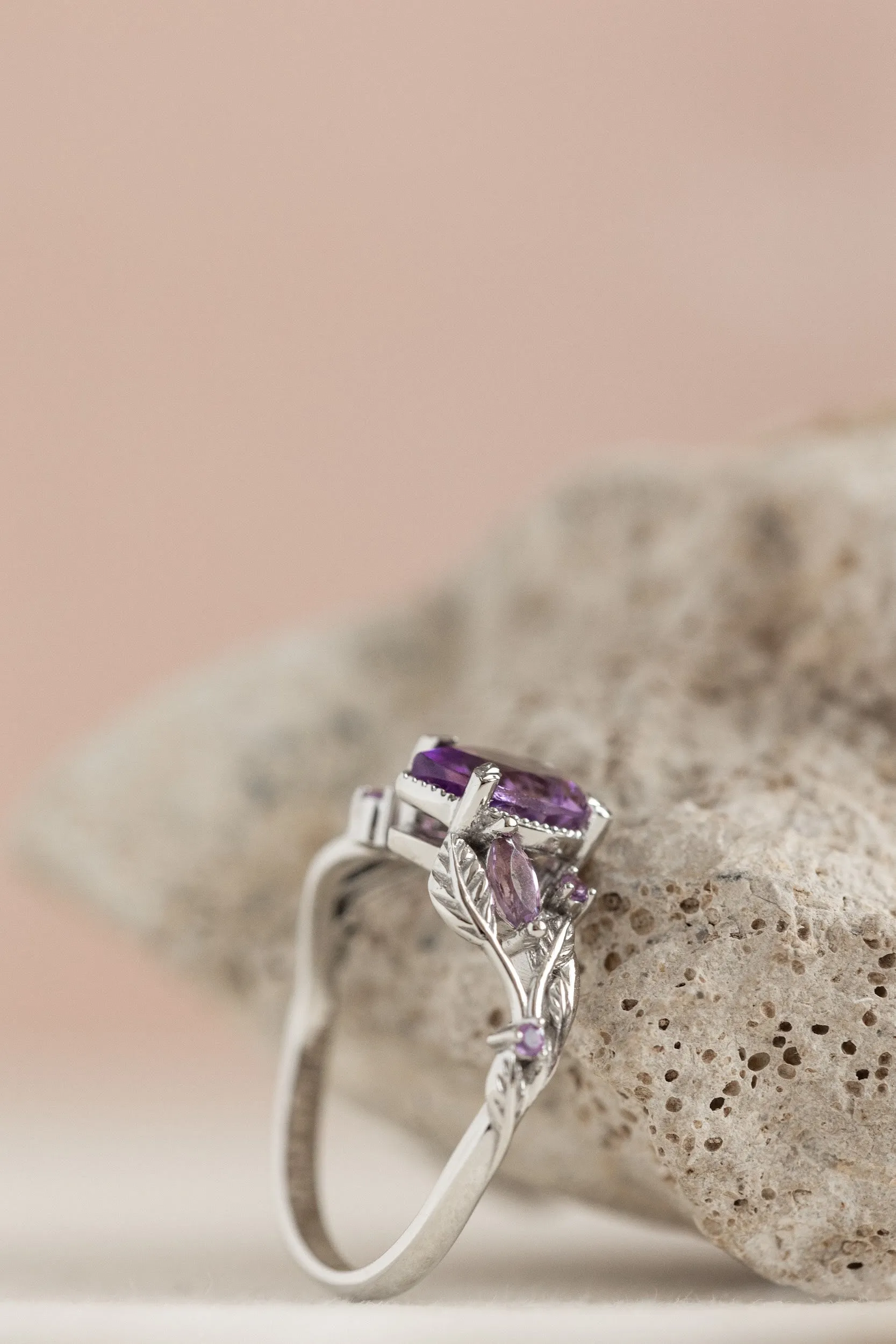 Patricia ring in 14K white gold, natural amethyst pear cut 8x6 mm, accent amethysts