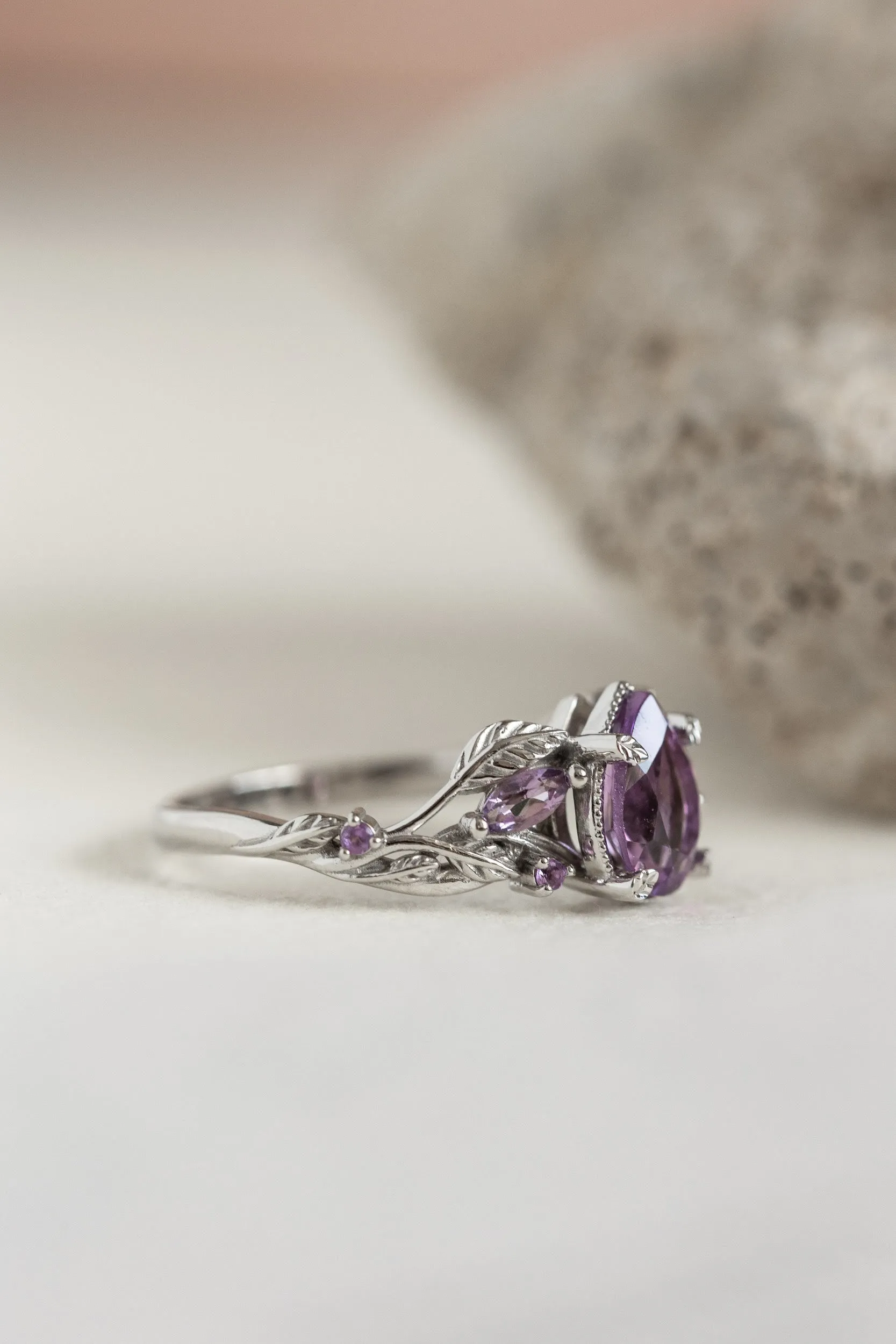 Patricia ring in 14K white gold, natural amethyst pear cut 8x6 mm, accent amethysts