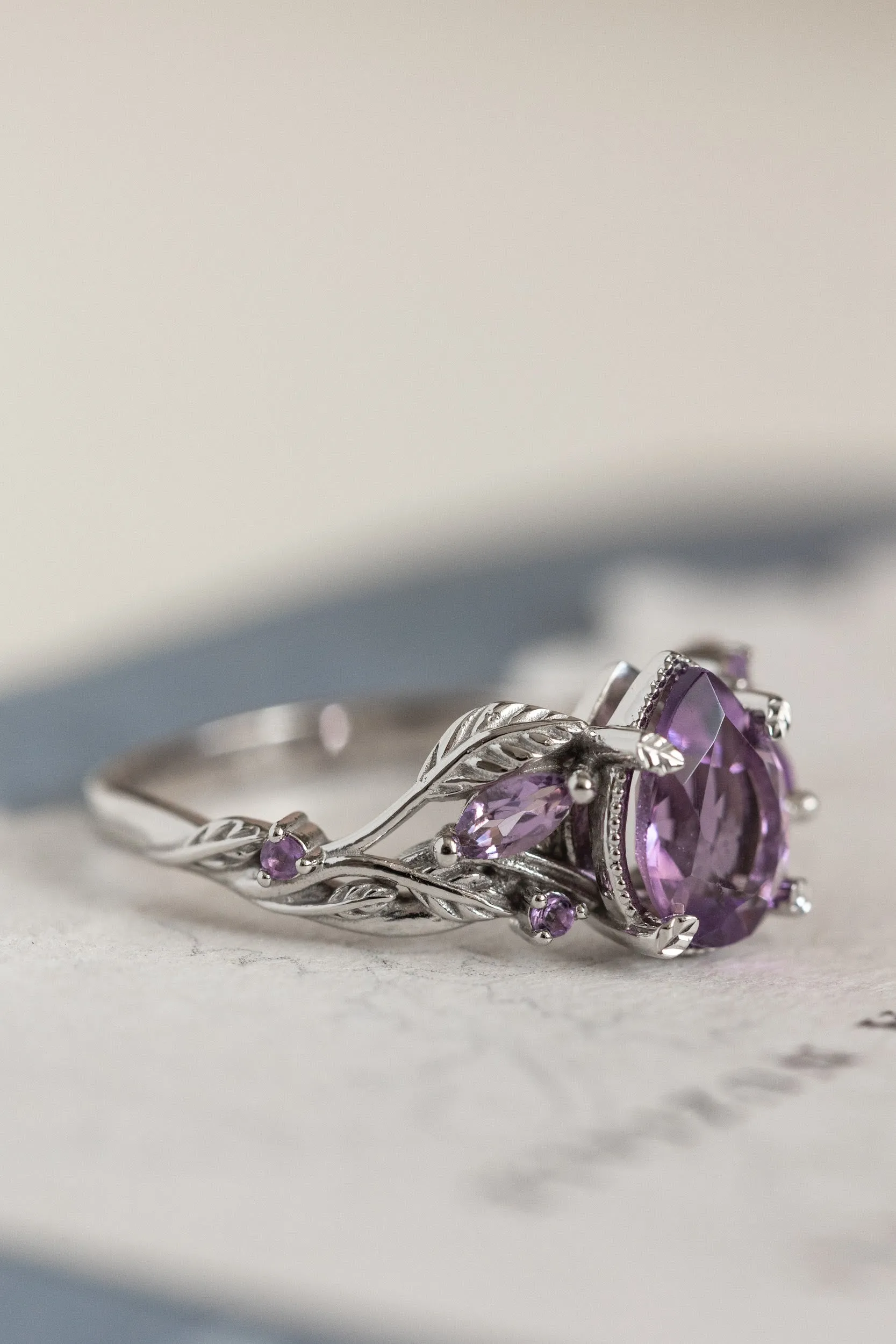 Patricia ring in 14K white gold, natural amethyst pear cut 8x6 mm, accent amethysts