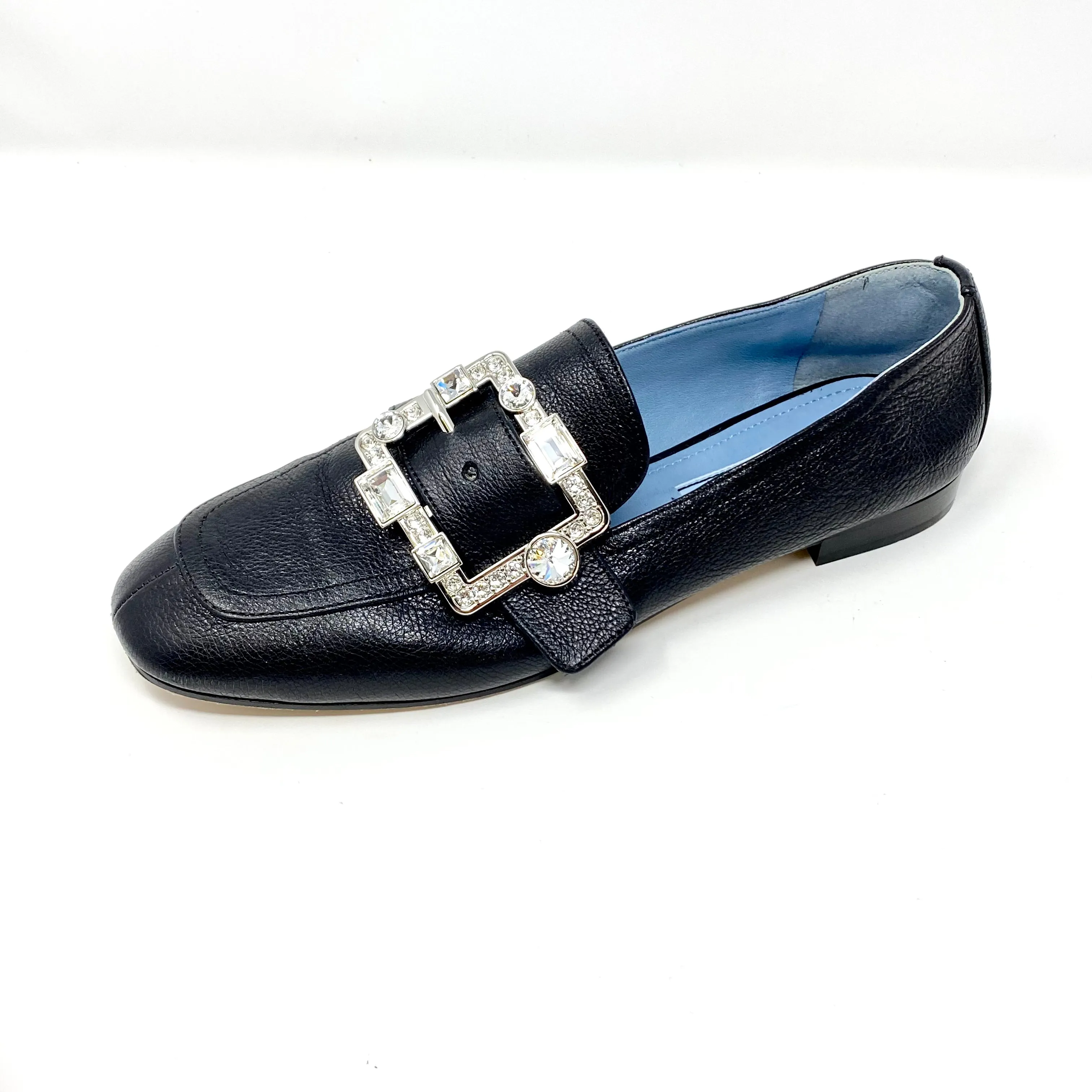 PRADA Black Leather Crystal Buckle Square Toe Loafer Flats Size 37.5 | 7