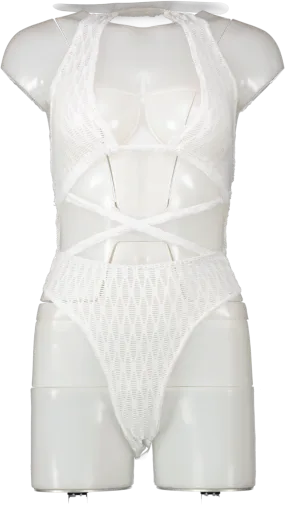 PrettyLittleThing White Textured Strappy Halter Neck Bodysuit UK 6