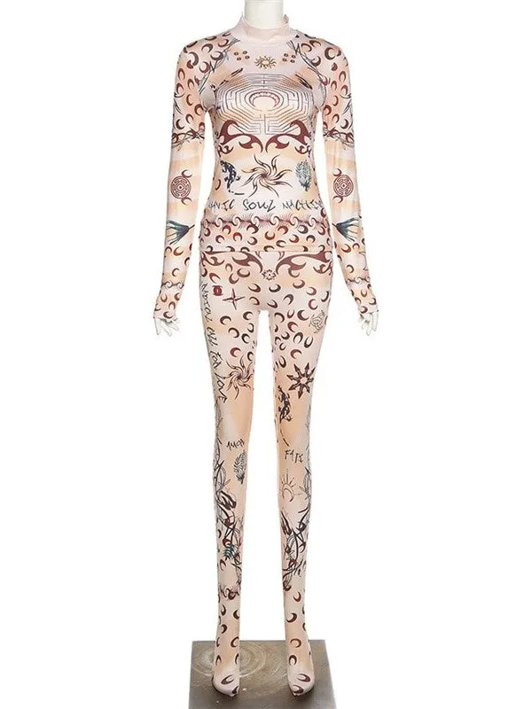 Print Long Sleeve Stocking Jumpsuit and Set