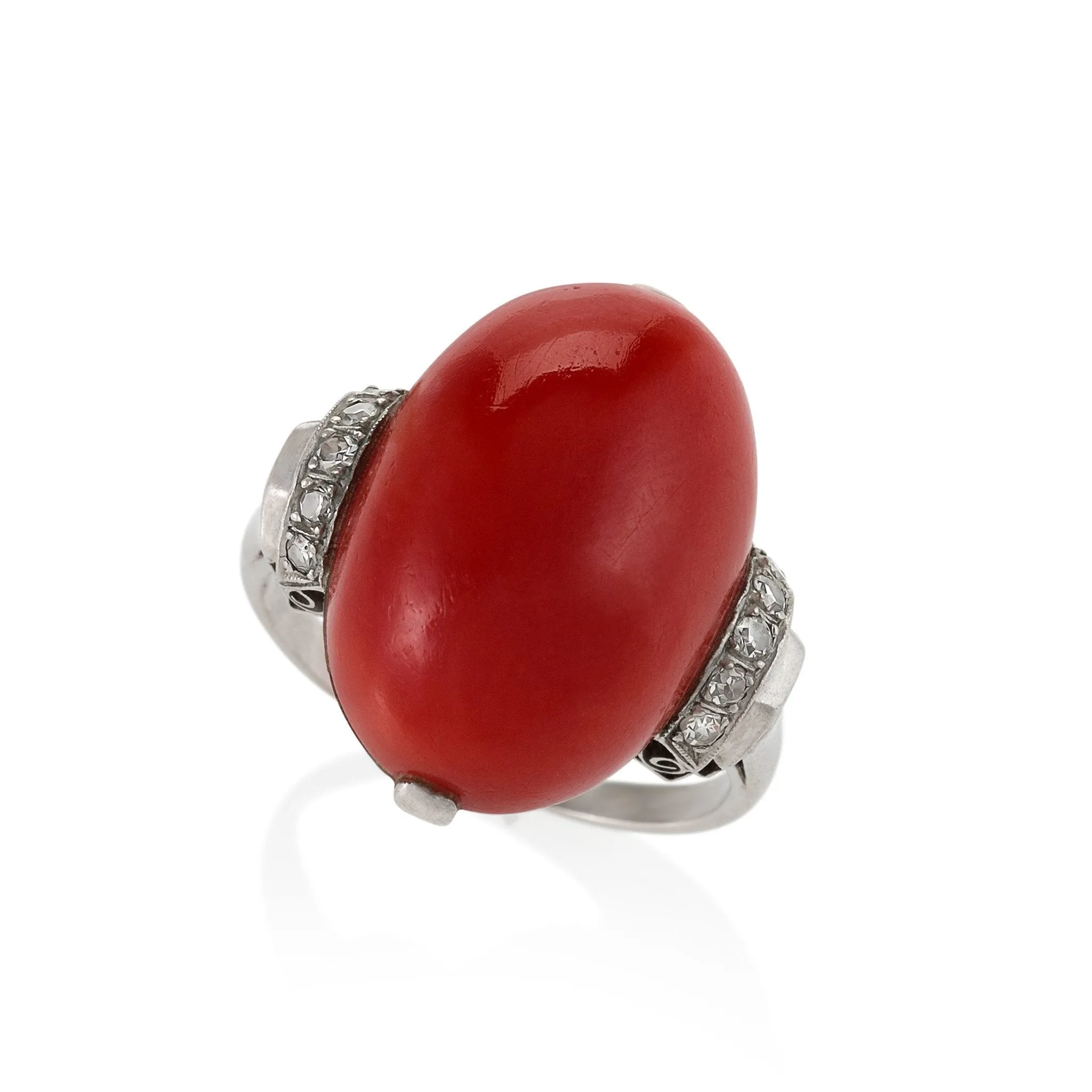 Red Coral and Diamond Ring