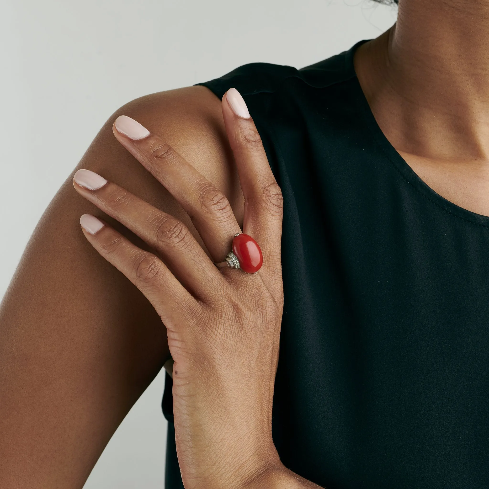 Red Coral and Diamond Ring