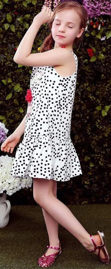 'Rome' Embroidered Polka Dot Print Floral-Appliques Dress, Black or White