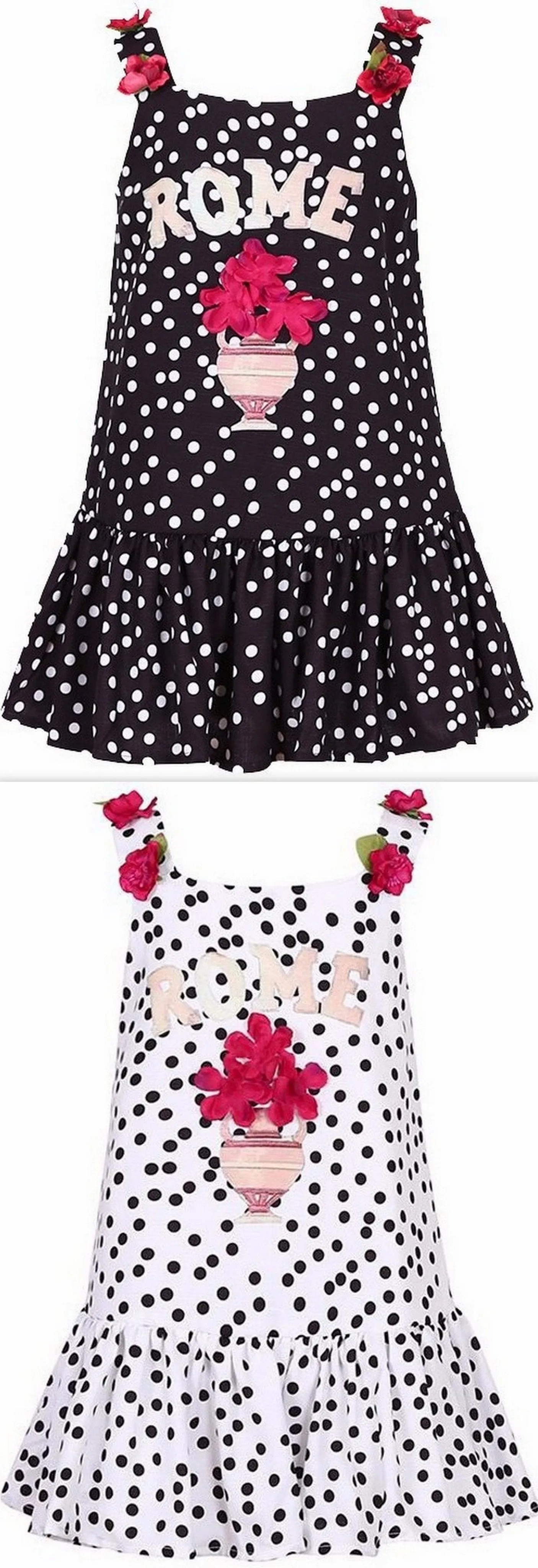 'Rome' Embroidered Polka Dot Print Floral-Appliques Dress, Black or White