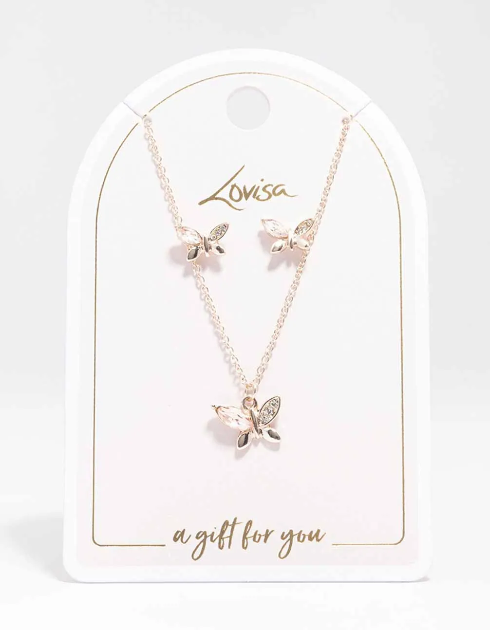 Rose Gold Diamante Butterfly Necklace & Stud Earring Set