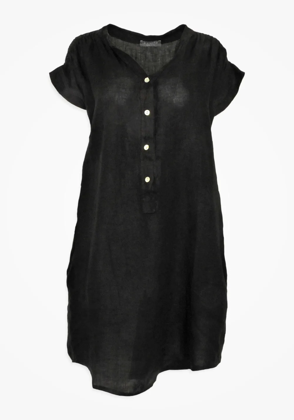 RUCHED SHOULDER LINEN DRESS (BLACK) - PISTACHE