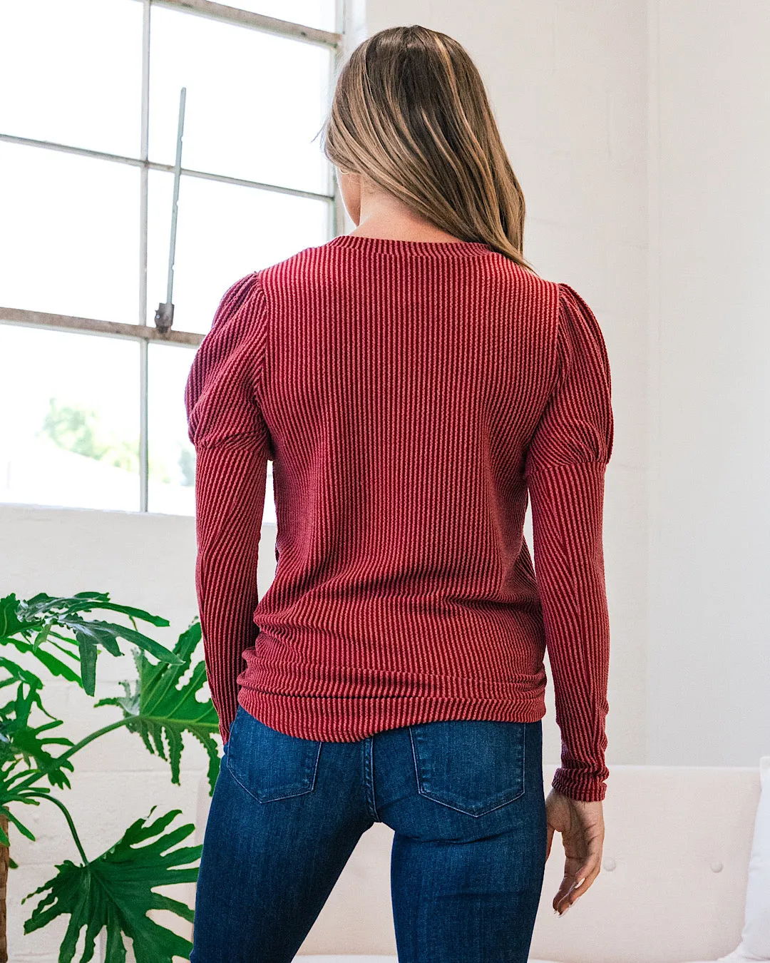 Sandi Corded Long Sleeve Bubble Sleeve Top - Burgundy