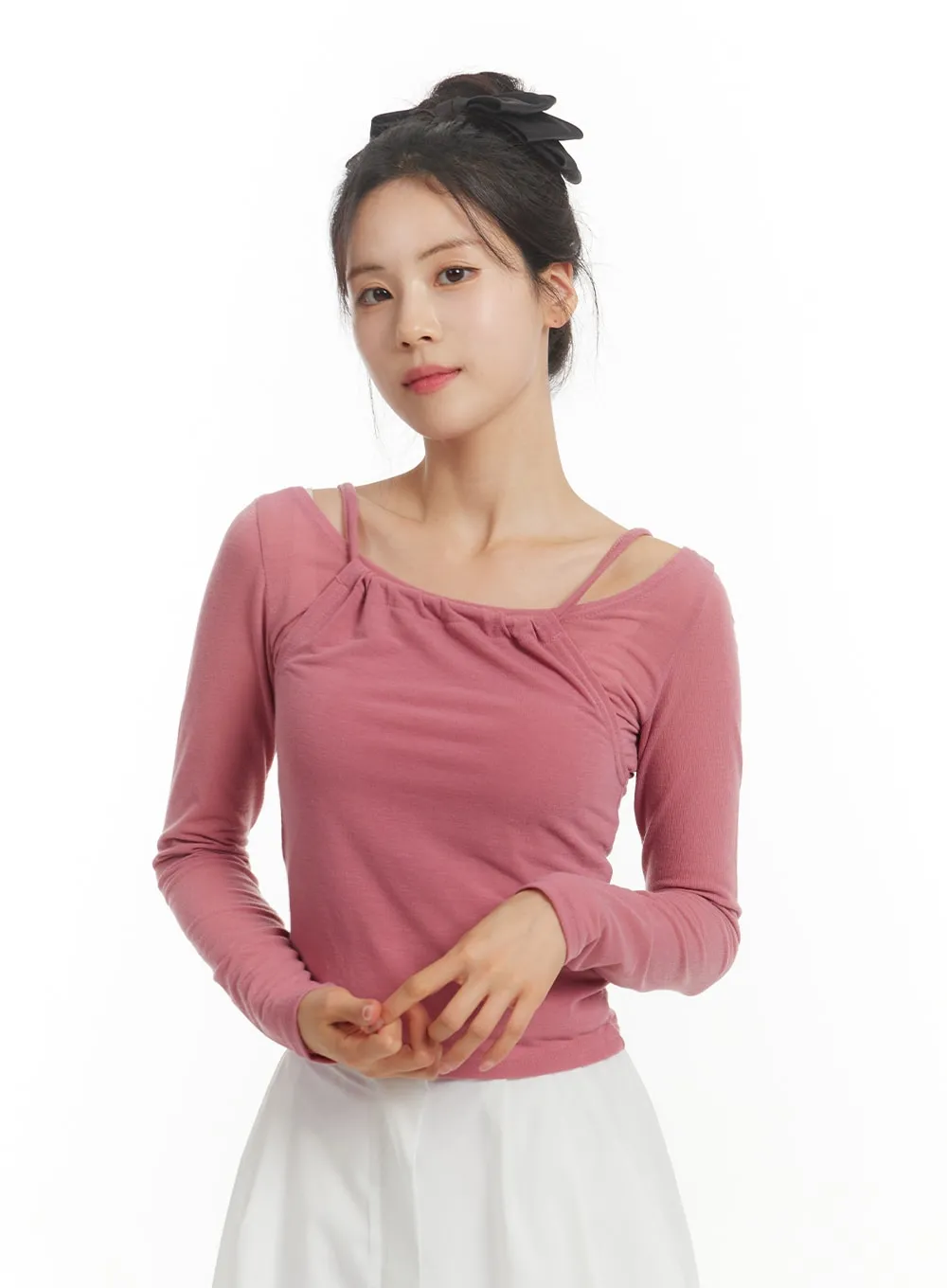 Shirred Neck Long Sleeve Top OM405