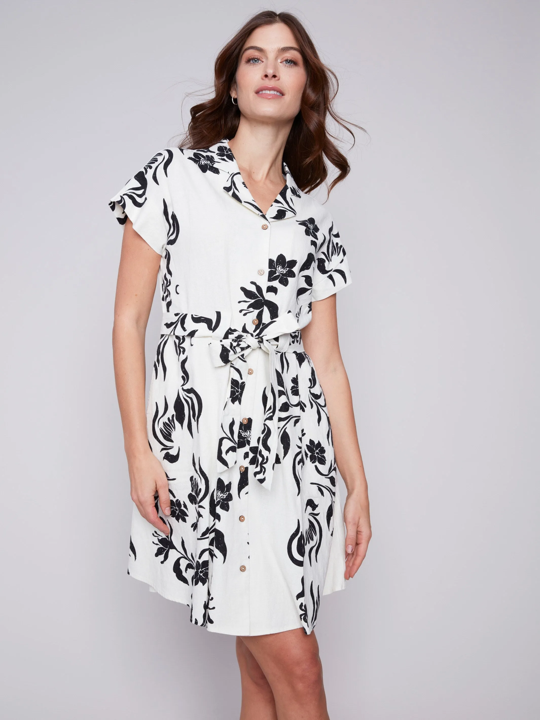 Short-Sleeved Button-Front Dress - Black & Cream