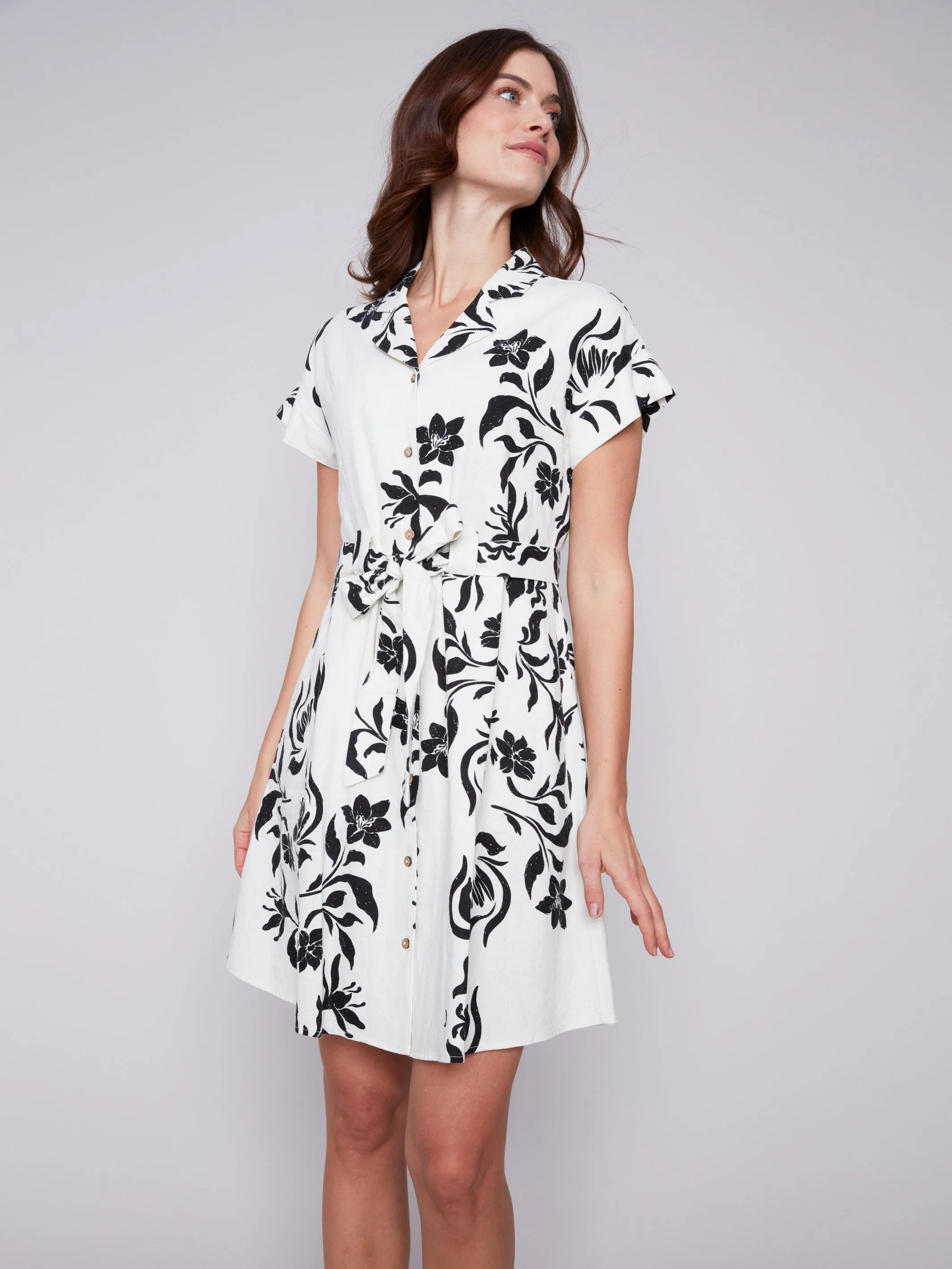 Short-Sleeved Button-Front Dress - Black & Cream