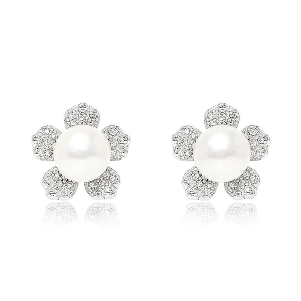 Silver Flower Earrings with Freshwater Pearls