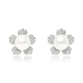 Silver Flower Earrings with Freshwater Pearls