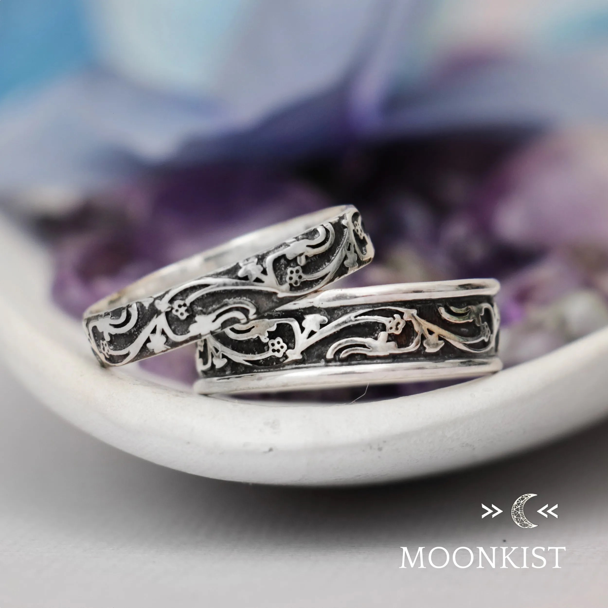 Sterling Silver Vintage Vine Wedding Band Ring Set | Moonkist Designs