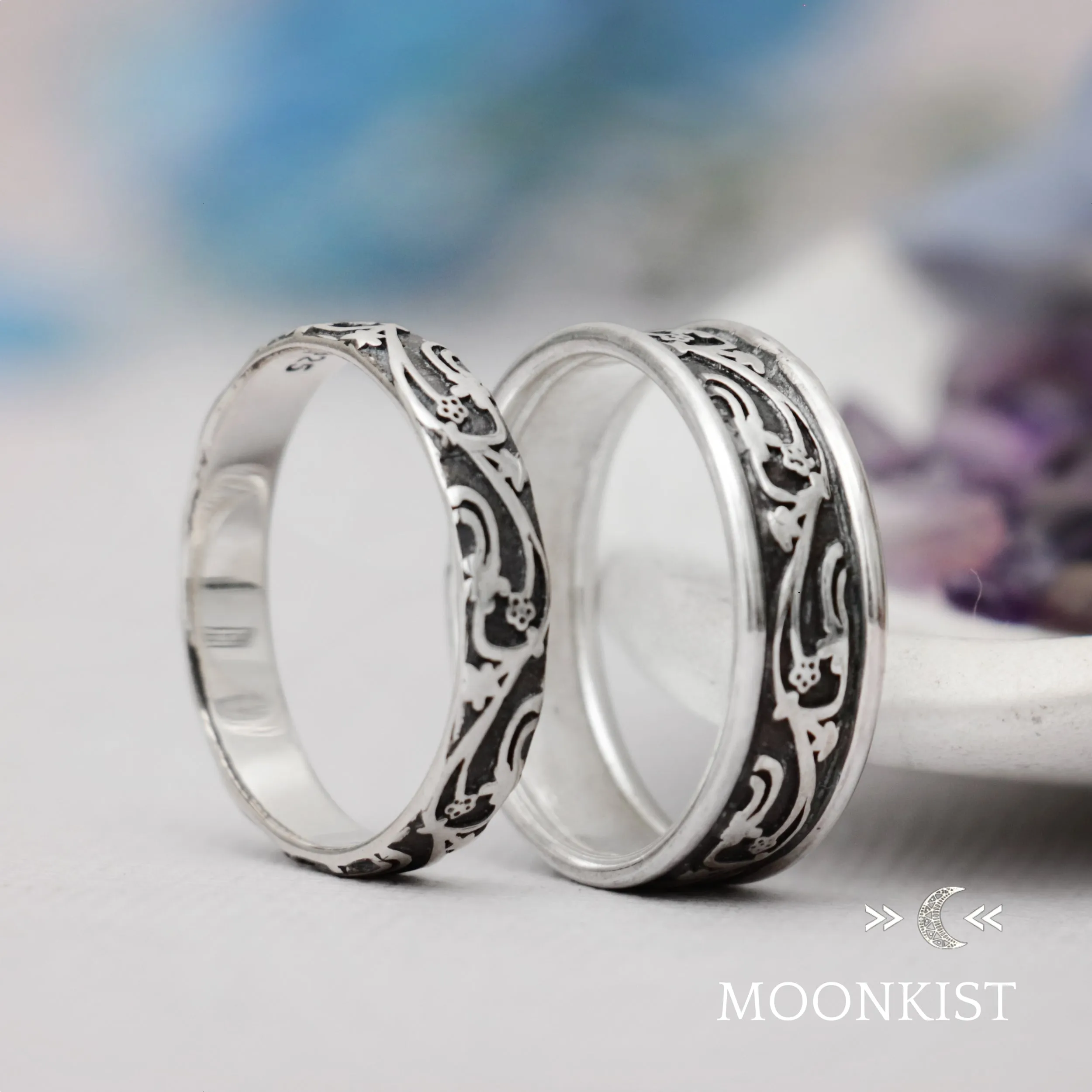 Sterling Silver Vintage Vine Wedding Band Ring Set | Moonkist Designs