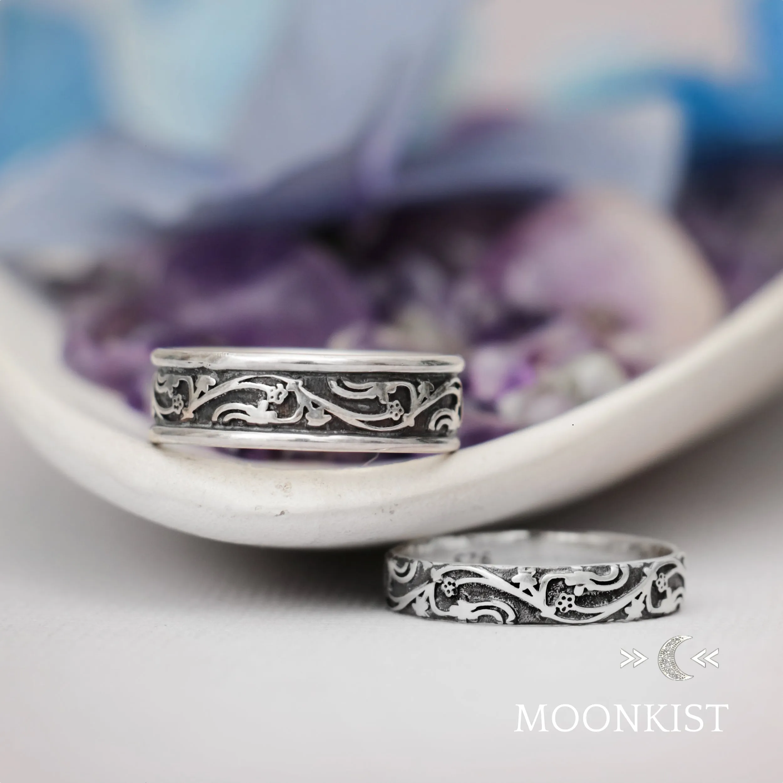 Sterling Silver Vintage Vine Wedding Band Ring Set | Moonkist Designs