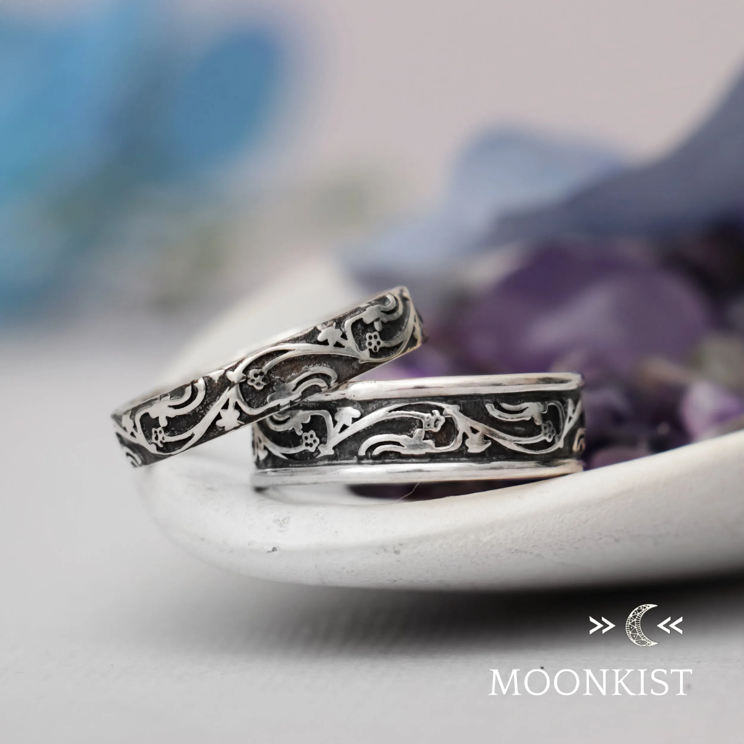 Sterling Silver Vintage Vine Wedding Band Ring Set | Moonkist Designs