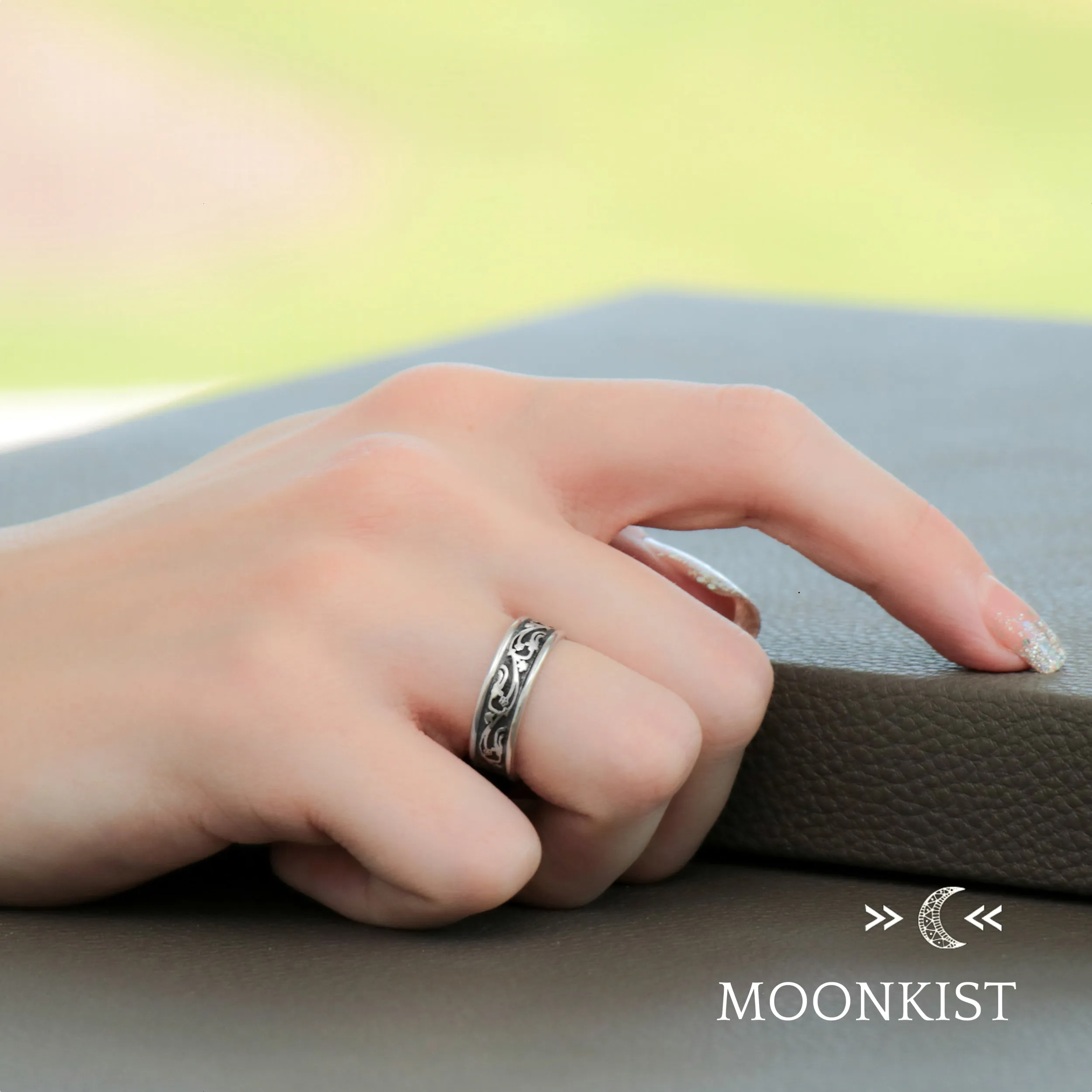 Sterling Silver Vintage Vine Wedding Band Ring Set | Moonkist Designs