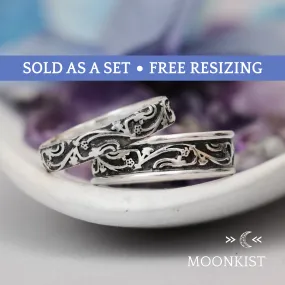 Sterling Silver Vintage Vine Wedding Band Ring Set | Moonkist Designs