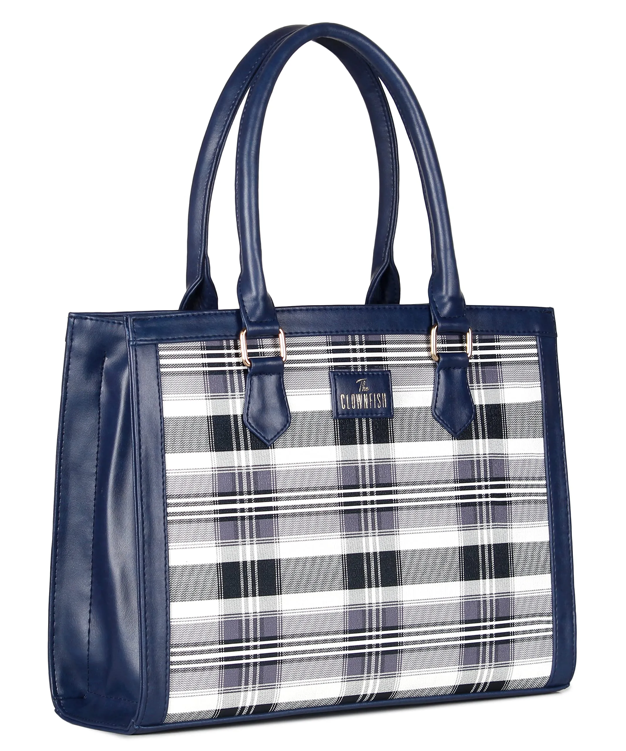 THE CLOWNFISH Alvis Handbag for Women Office Bag Ladies Shoulder Bag Tote For Women College Girls-Checks Design (Navy Blue)