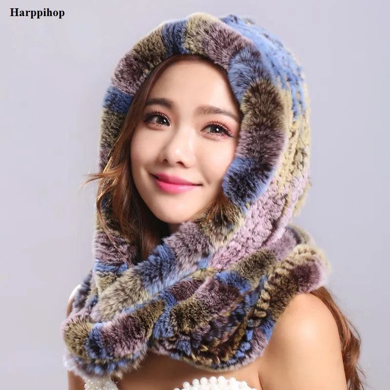 Thick autumn winter warm real rabbit fur scarf and hat