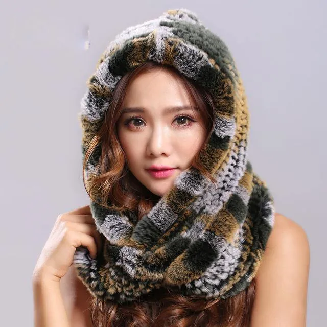 Thick autumn winter warm real rabbit fur scarf and hat