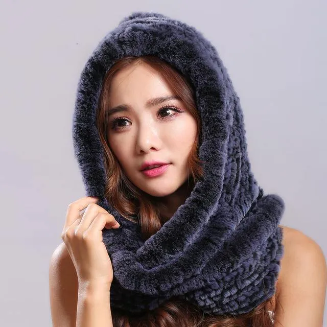 Thick autumn winter warm real rabbit fur scarf and hat