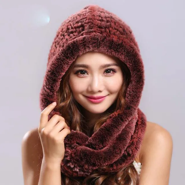 Thick autumn winter warm real rabbit fur scarf and hat