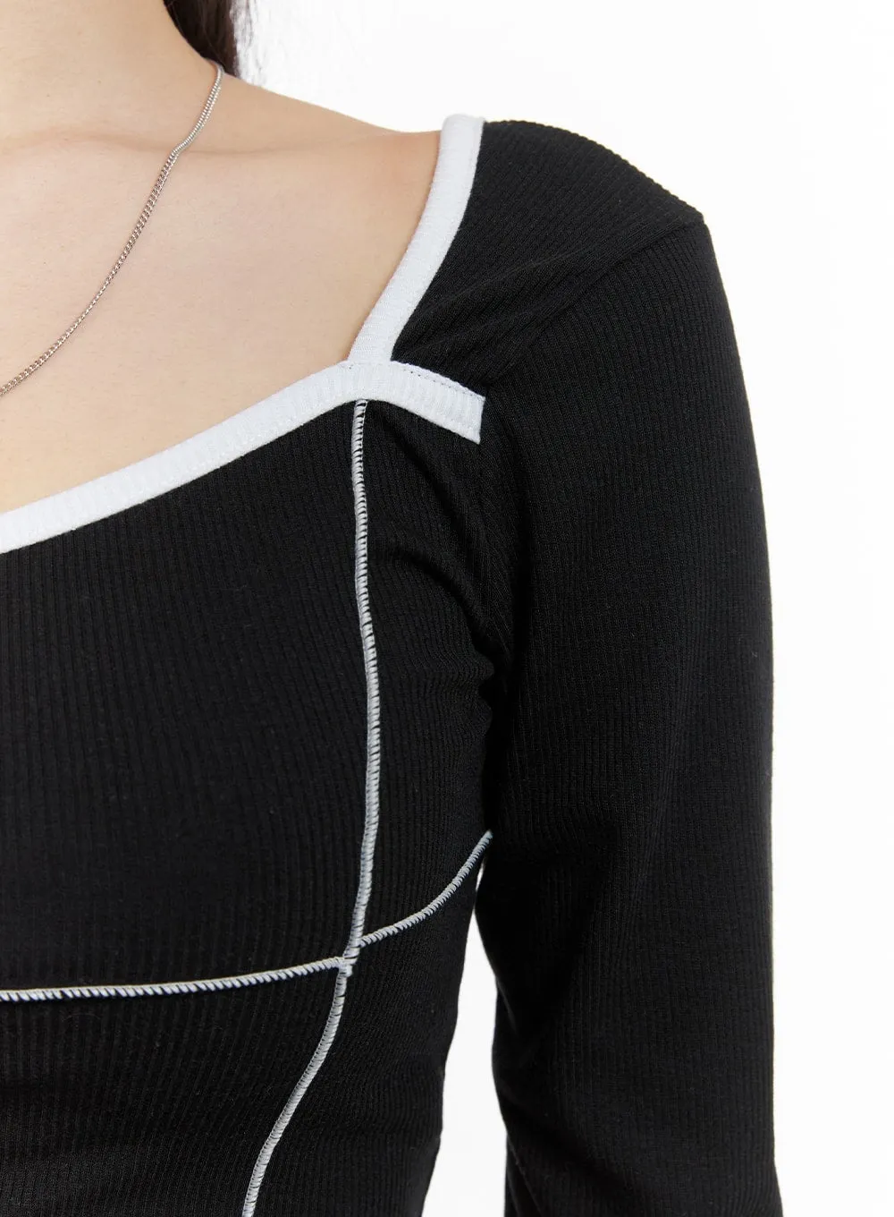 U Neck Stitched Detail Cropped Long Sleeve CA416