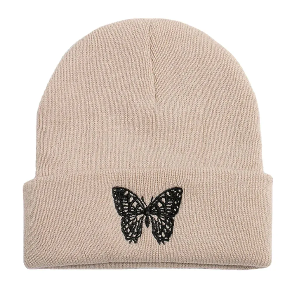 Unisex Wool Warm Elastic Casual Cartoon Butterfly Embroidery Pattern Knitted Hat Brimless Beanie