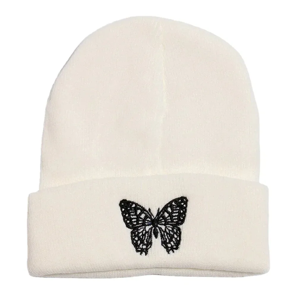 Unisex Wool Warm Elastic Casual Cartoon Butterfly Embroidery Pattern Knitted Hat Brimless Beanie