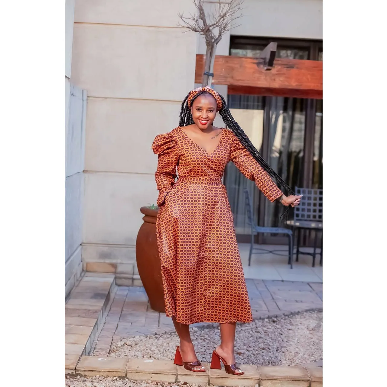 V-Neck Long Sleeve Ankara Dress