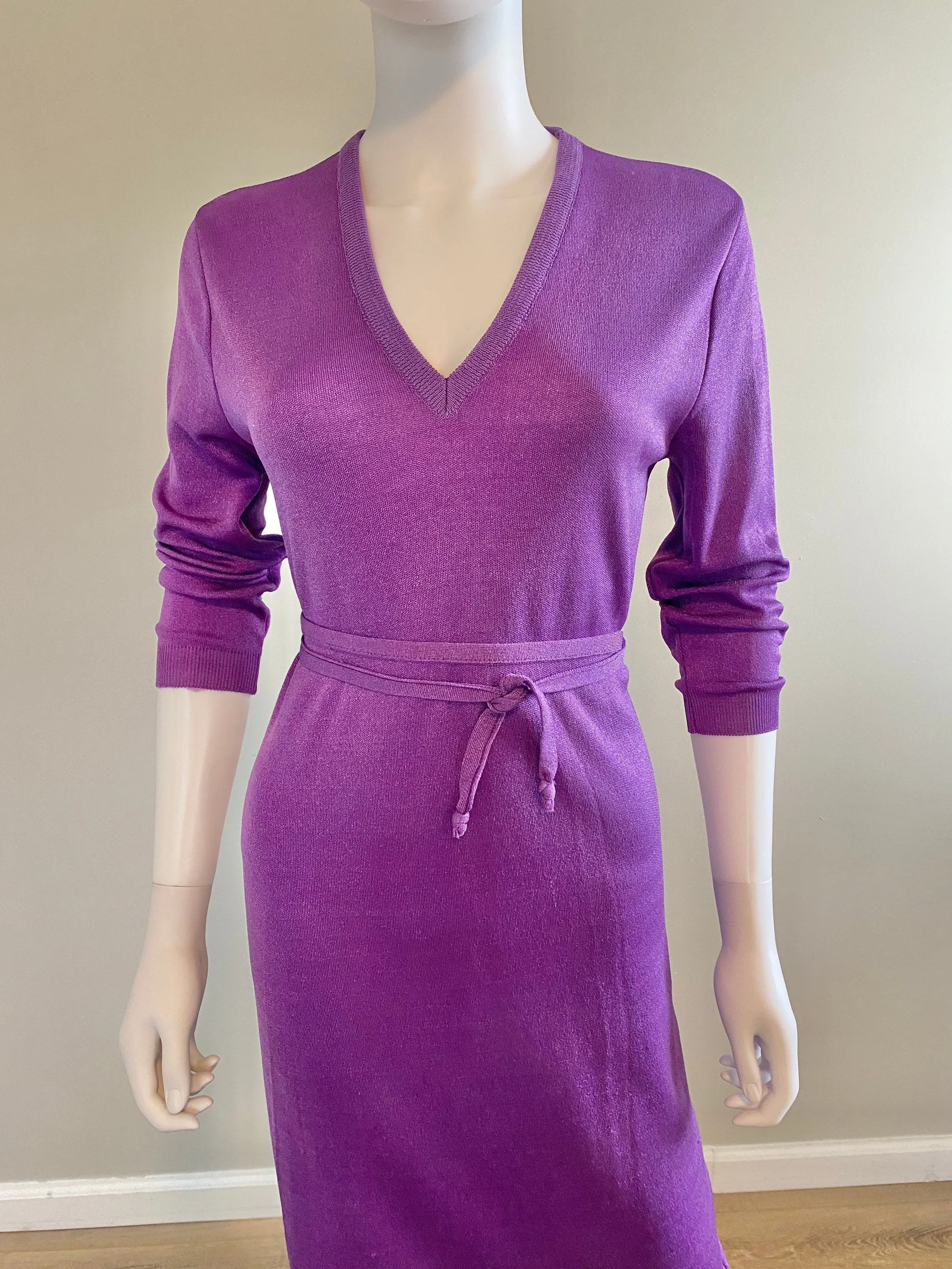 Vintage 1970s Purple Lurex Sweater Dress / 70s retro long sleeve disco dress / Size S M