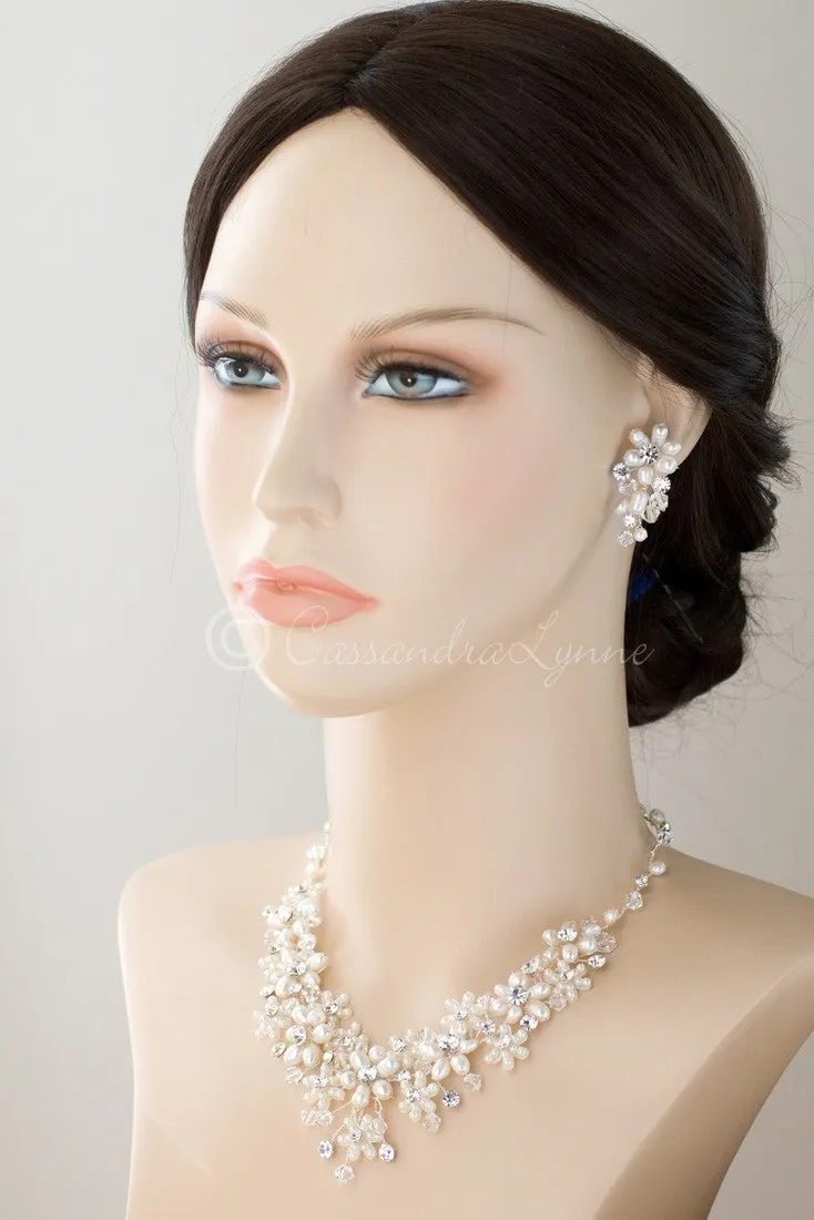 Wedding Necklace Set of Pearl Flowers and Crystals