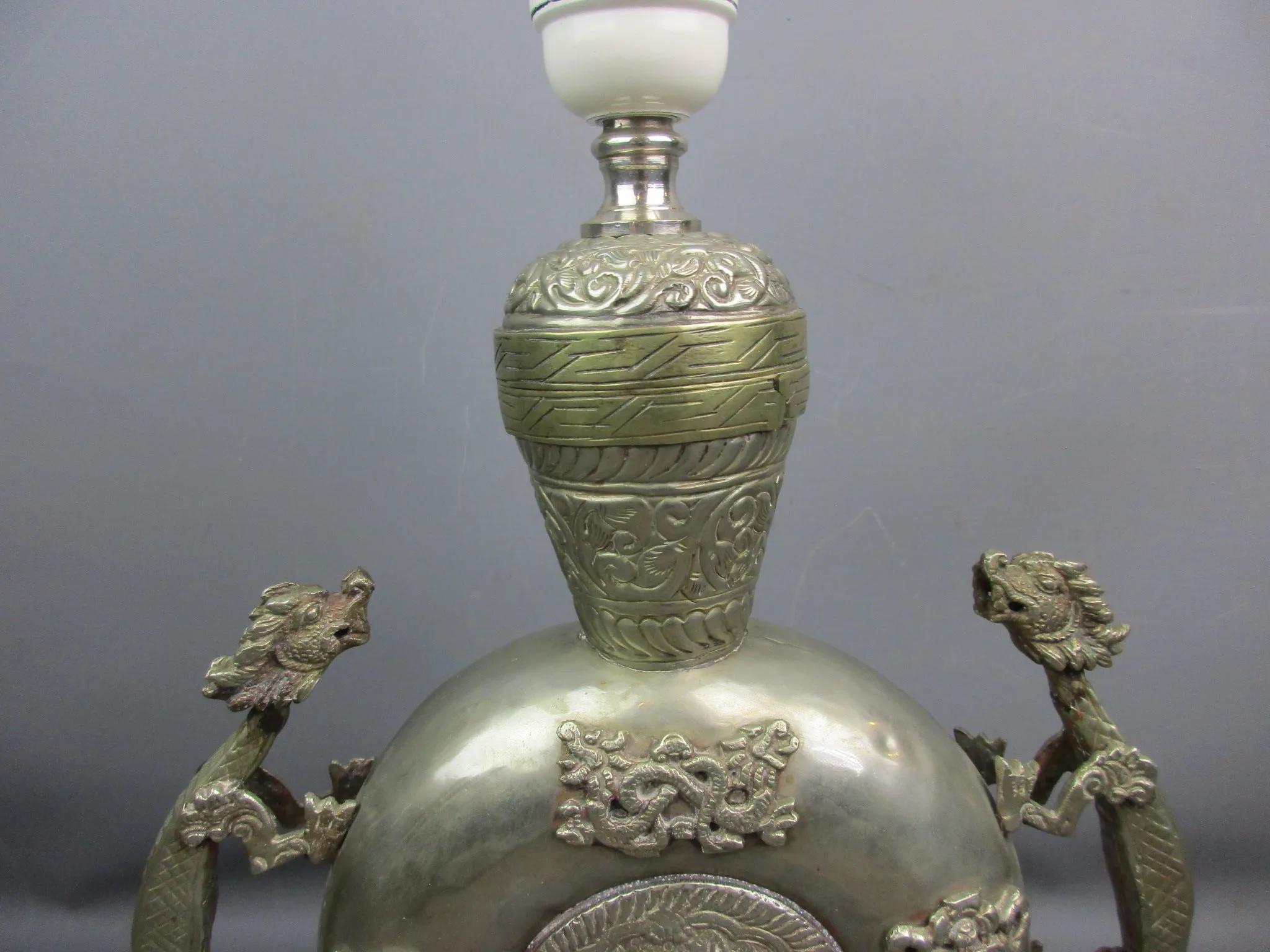 White Metal Twin Handled Chinese Moon Flask Converted Table Lamp Vintage c1960