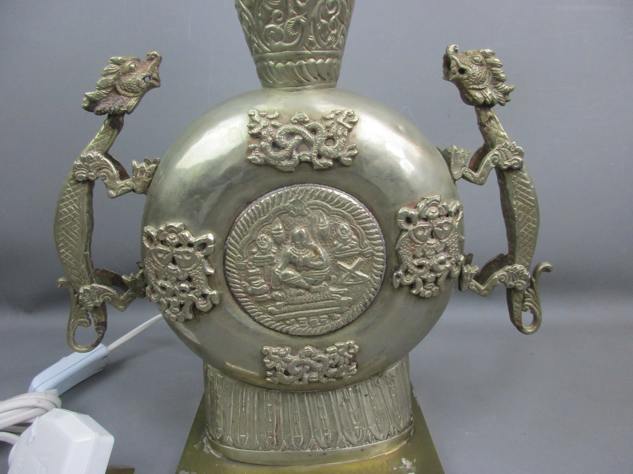 White Metal Twin Handled Chinese Moon Flask Converted Table Lamp Vintage c1960