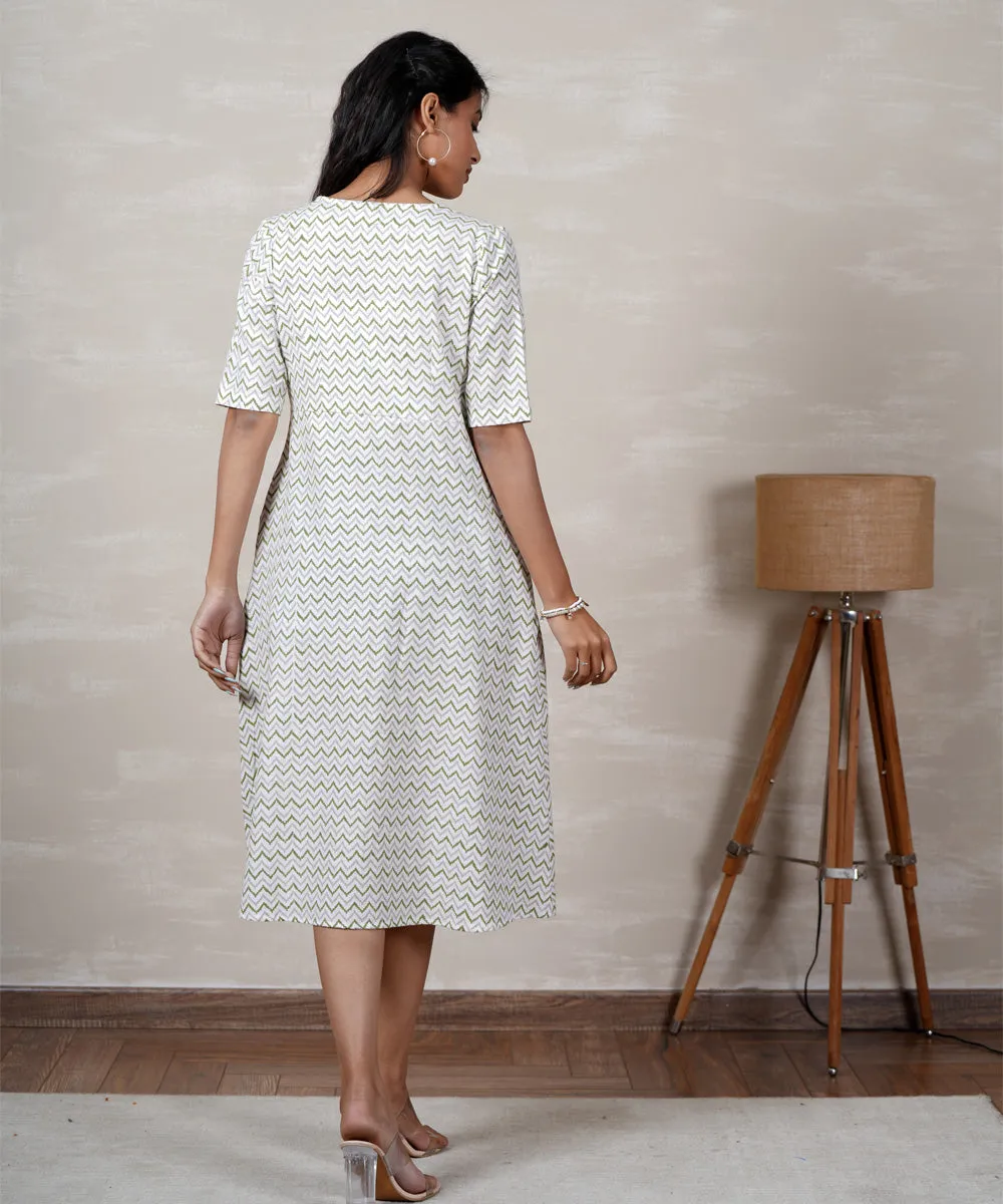 White zig zag handblock printed cotton dress