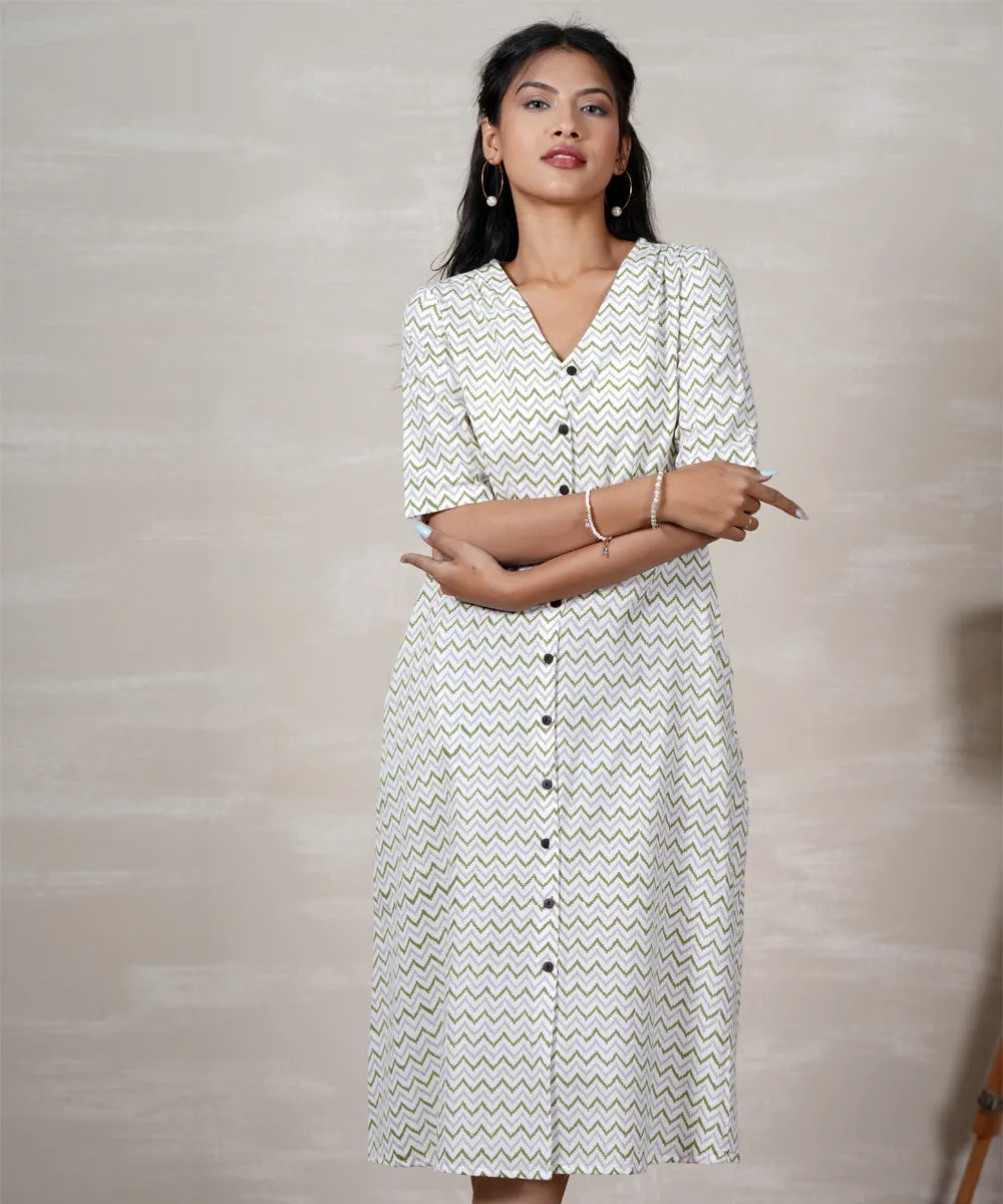 White zig zag handblock printed cotton dress