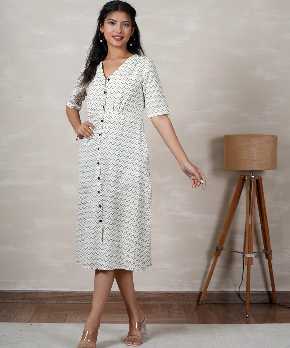 White zig zag handblock printed cotton dress