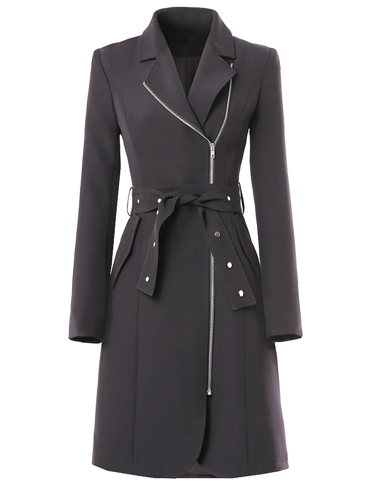 Women Black Irregular Belted Long Blazer Trench Dress