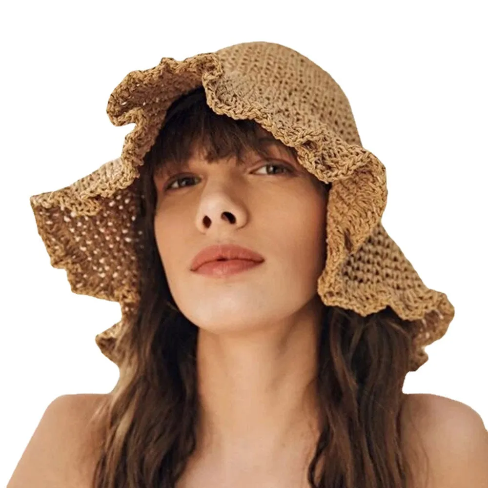 Women Fungus Edge Back Opening Bowknot Straw Hat Summer Sun Protection Bucket Hat