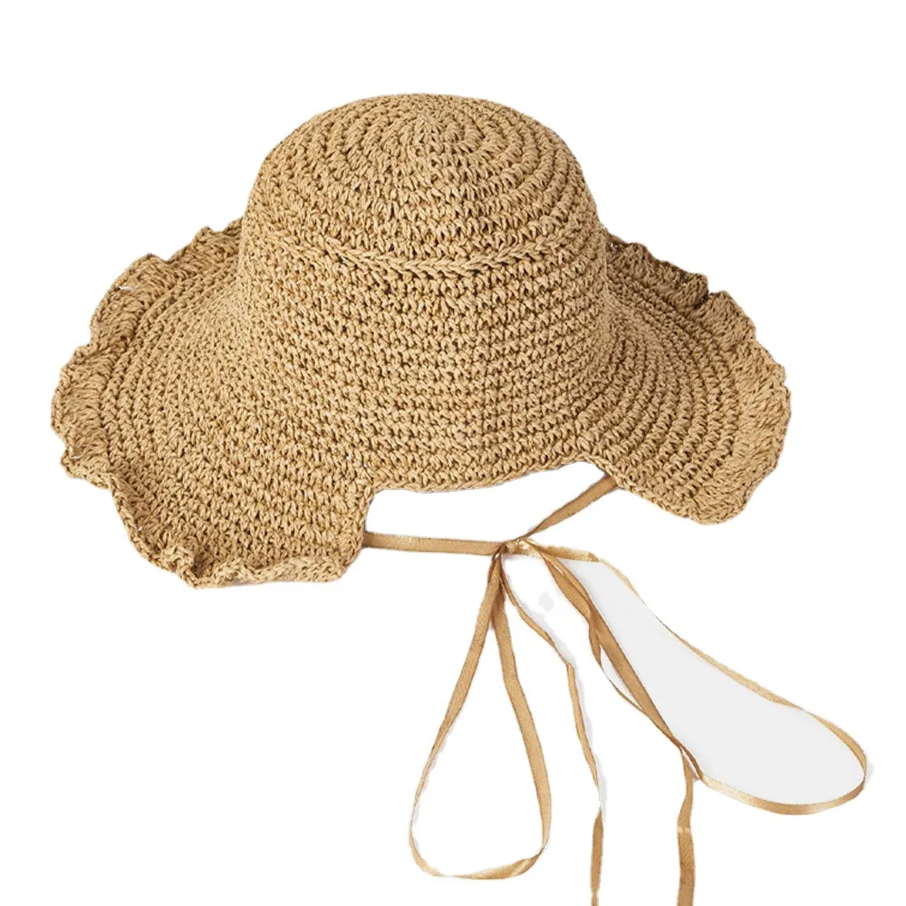 Women Fungus Edge Back Opening Bowknot Straw Hat Summer Sun Protection Bucket Hat